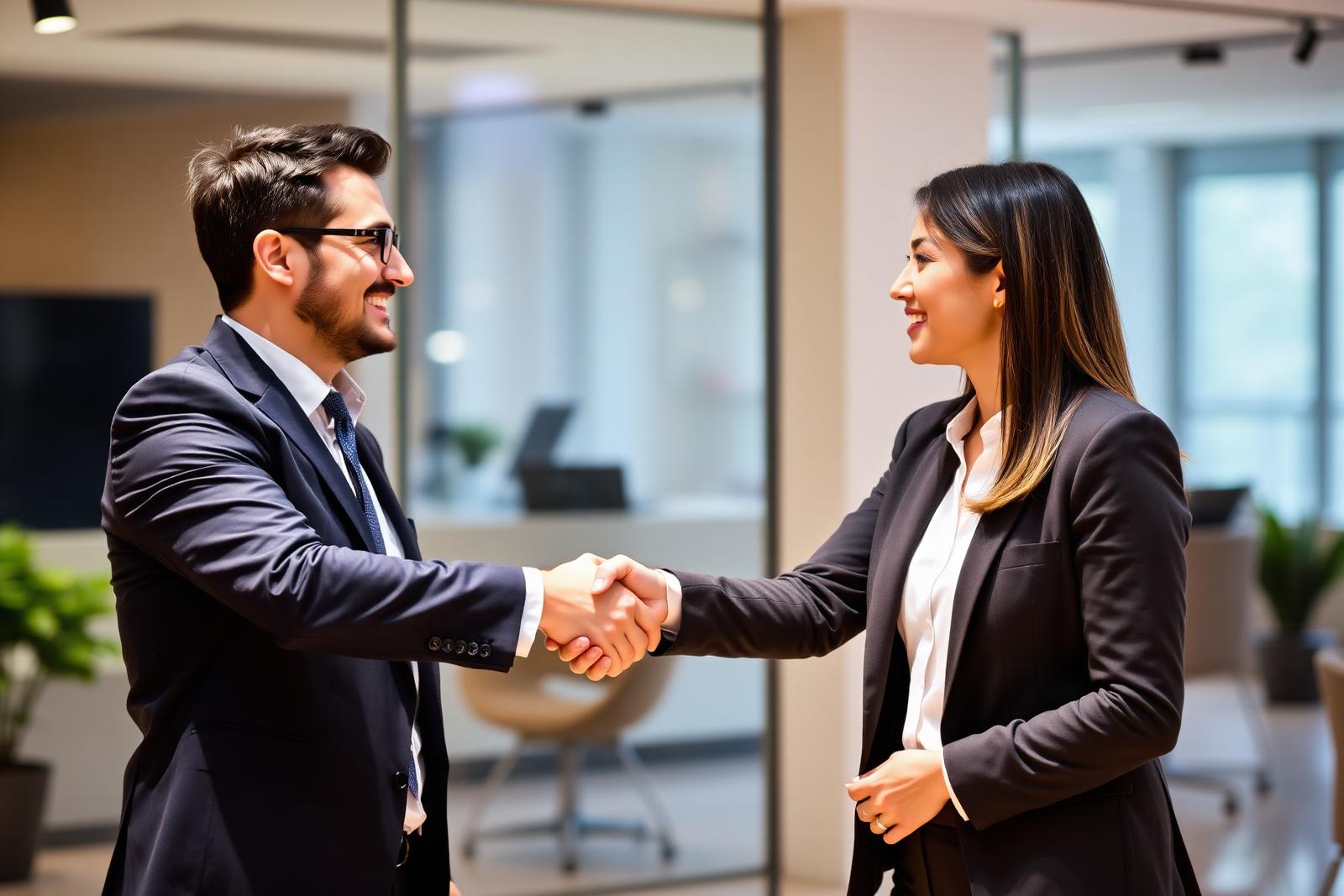 Two financial advisors meeting and shaking hands