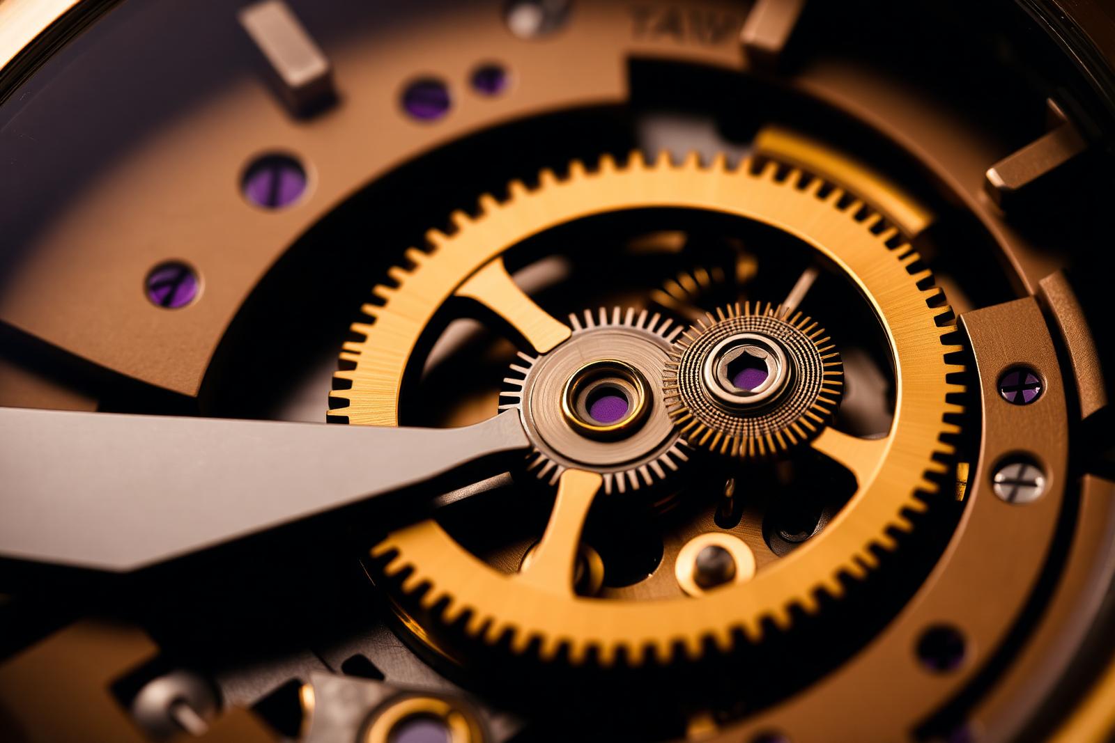 Macro photograph of a luxury watch movement showing gold gears